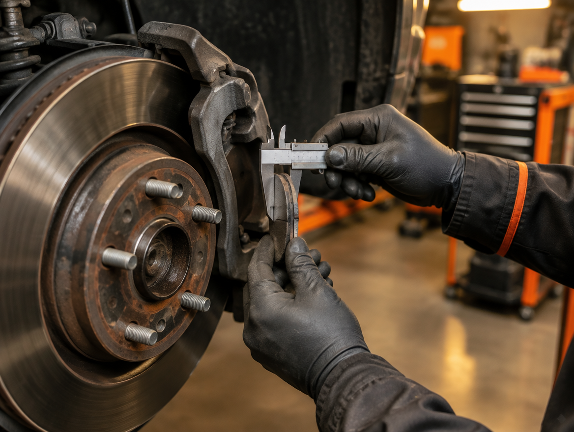 Technician measuring brake pad thickness with a gauge
