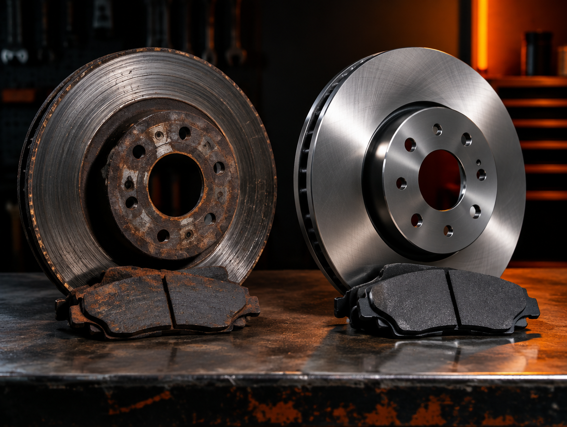 Worn rusty brake rotor and pads next to new rotor and pads